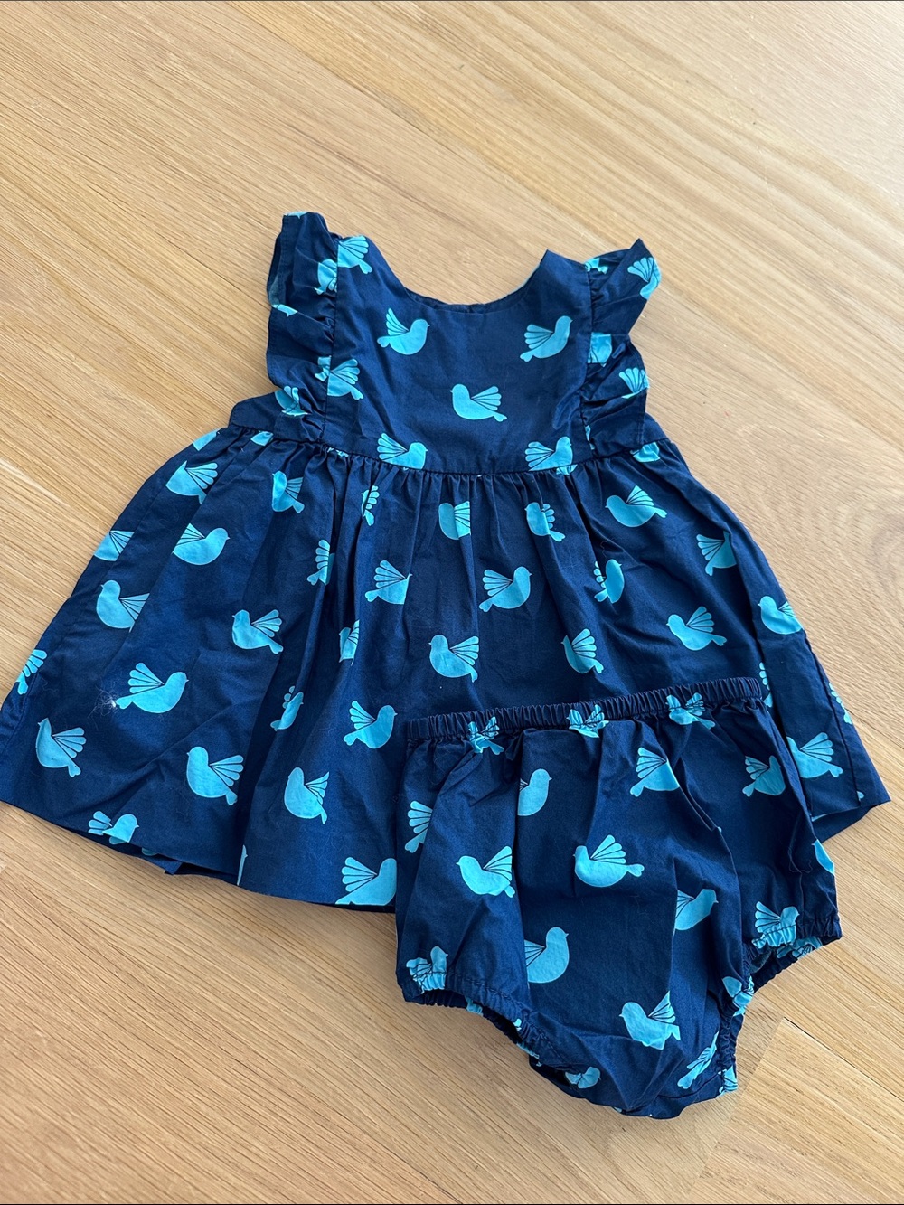 Jacadi Paris Navy Baby Dress with Teal Bird Print with bloomers